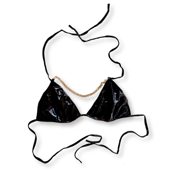 Metallic black wet-look triangle bralette/ bikini / lingerie silver chain top - Picture 8 of 10